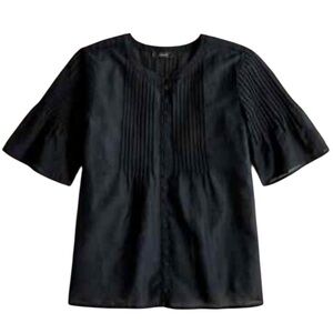 J. Crew black silk cotton voile pintuck short sleeve button front blouse boho